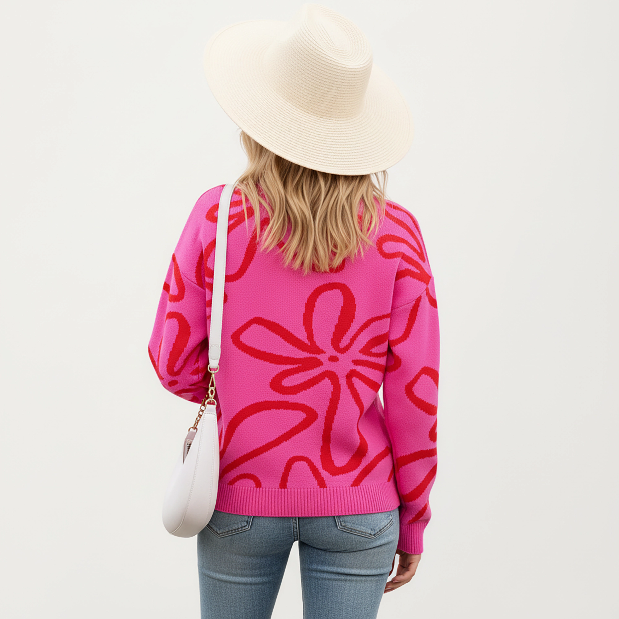Anna-Kaci Women's Abstract Floral Pattern Knit Sweater with Soft Crew Neckline and Relaxed Long Sleeve Pullover Design