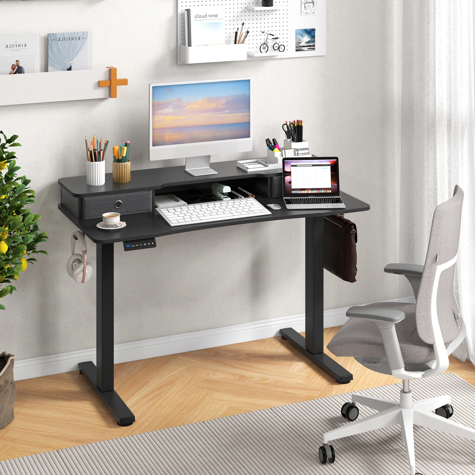 SUGIFT 48-in Black Electric Sit to Stand Desk with Full Width Shelf 2 Fabric Drawers and 3 Memory Heights