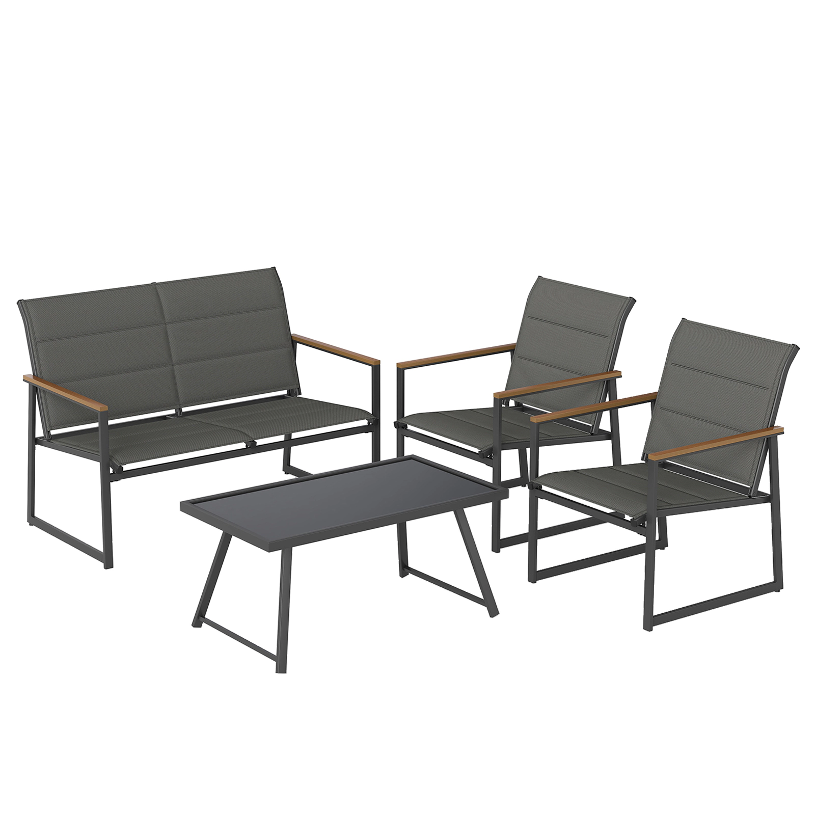 SUGIFT 4-Piece Gray Outdoor Patio Conversation Set with Loveseat, 2 Armchairs and Glass-Top Table