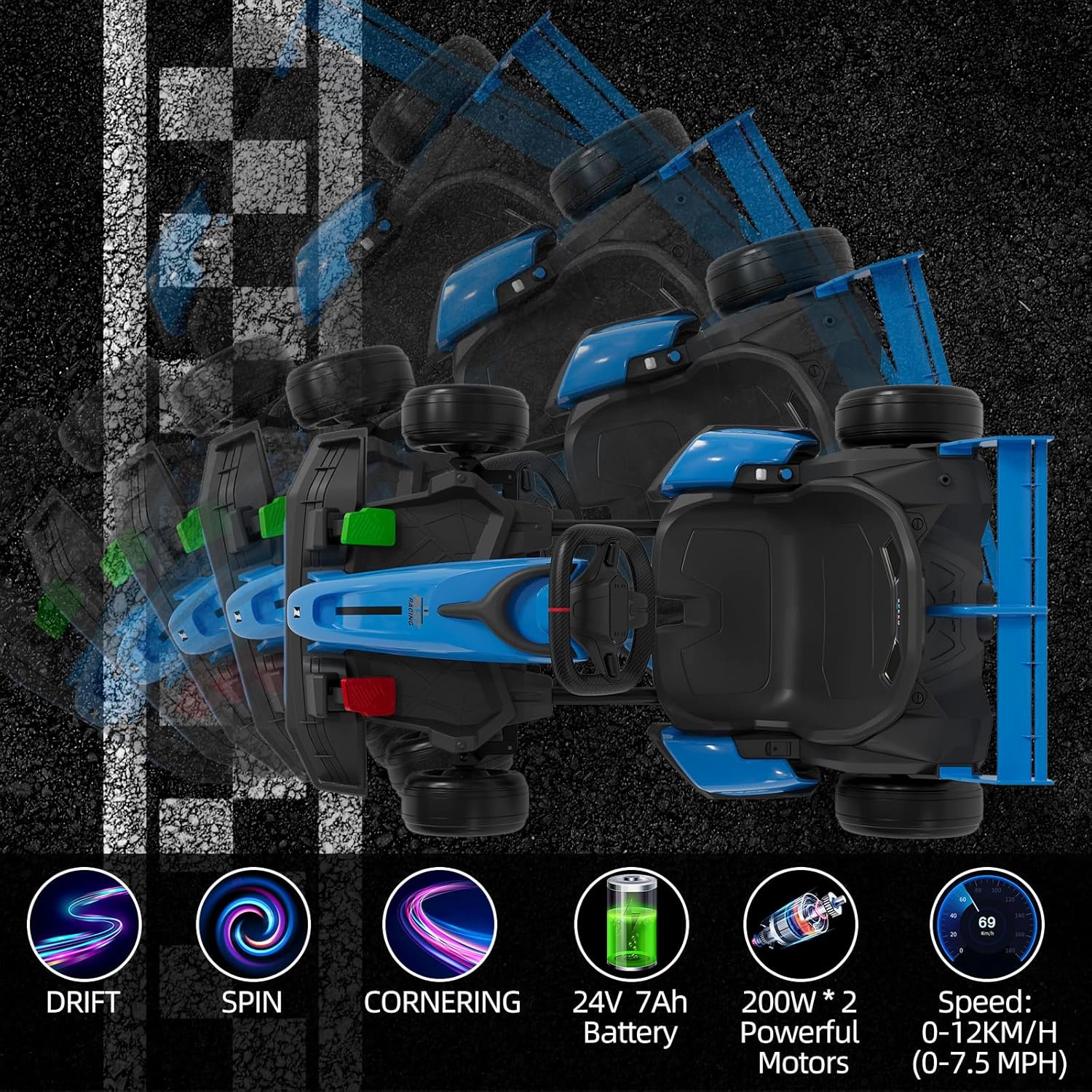 Enjyam 24V Kids Electric Go Kart, 7.5MPH Variable Drift Racing Car w/ 2×200W Motors, Adjustable Legroom, Power Display