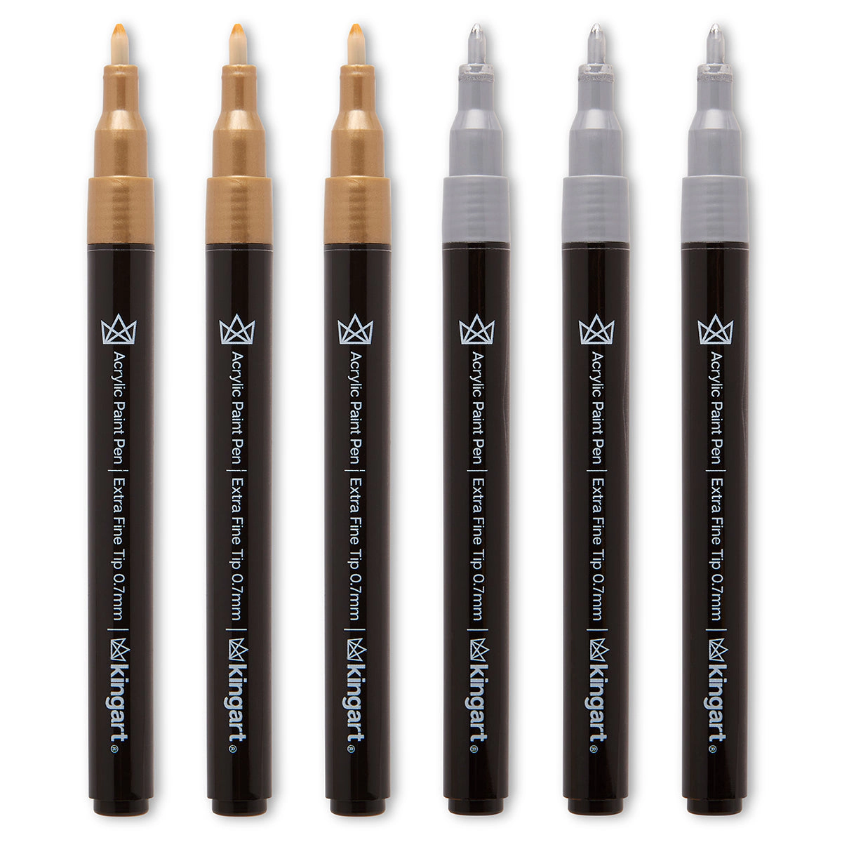 KINGART PRO Acrylic Paint Pens Extra-Fine Tip 0.7mm - Silver & Gold 6 pc
