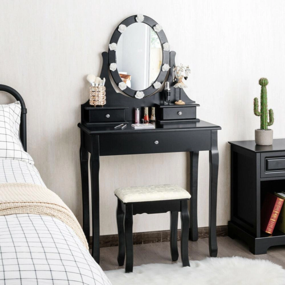 Hivvago 3 Drawers Lighted Mirror Vanity Dressing Table Stool Set-Black