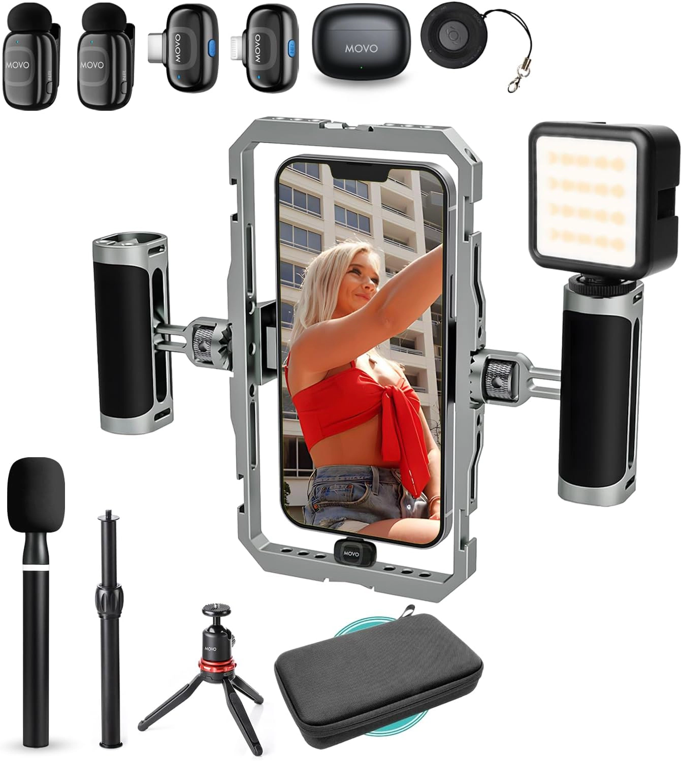 Movo iFilmer PRO Smartphone Rig with Dual Grip Cage Wireless Lavalier Mics and Tripod for iPhone and Android