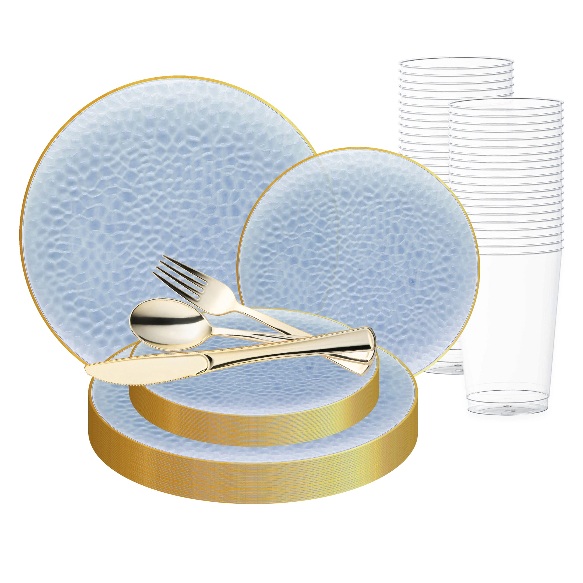 Smarty Had A Party Clear Blue with Gold Rim Hammered Glass Disposable Plastic Wedding Value Set
