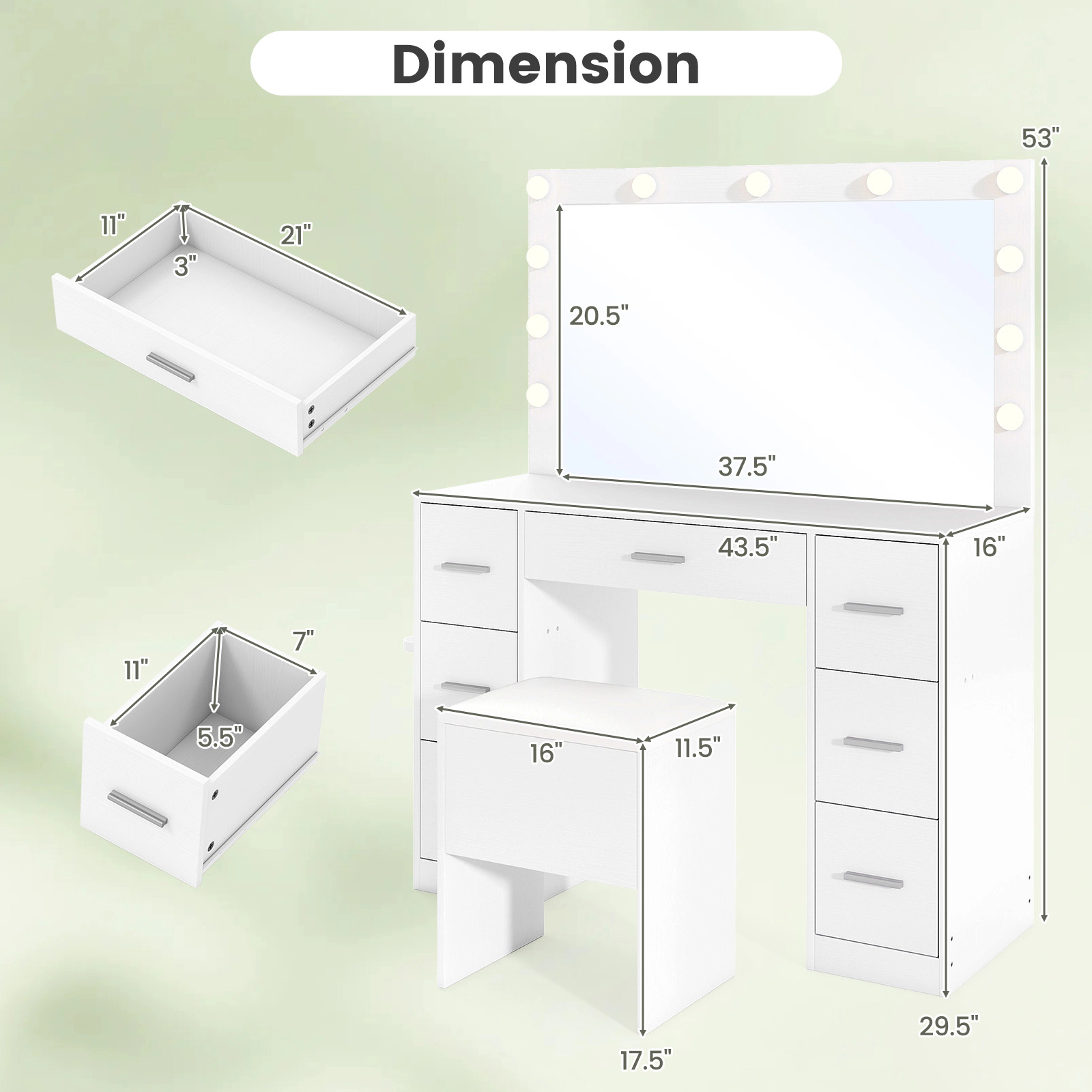 SUGIFT White Makeup Vanity Desk Set with Lighted Mirror, 7 Drawers and Storage Stool