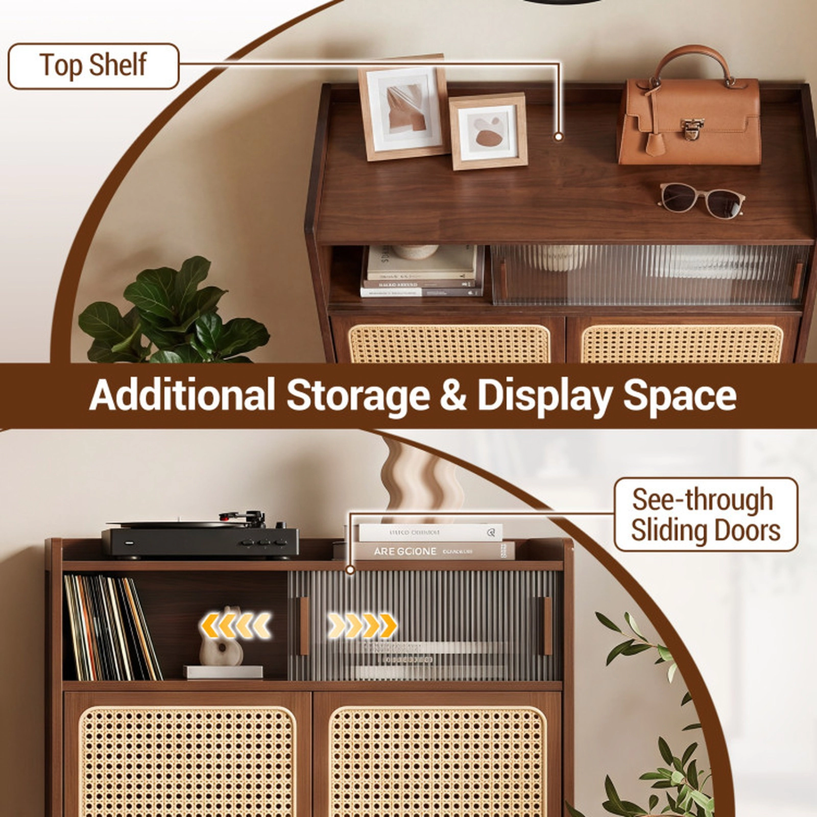 SUGIFT 5-Tier Walnut 42-in Bamboo Shoe Cabinet with Rattan Sliding Doors for Entryway Shoe Storage