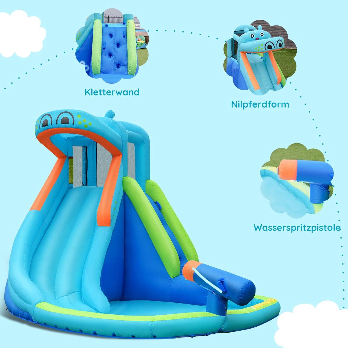 SUGIFT Kids Blue Hippo Inflatable Water Slide with Splash Pool and Climbing Wall 12.5-ft W 200-lb Total Capacity