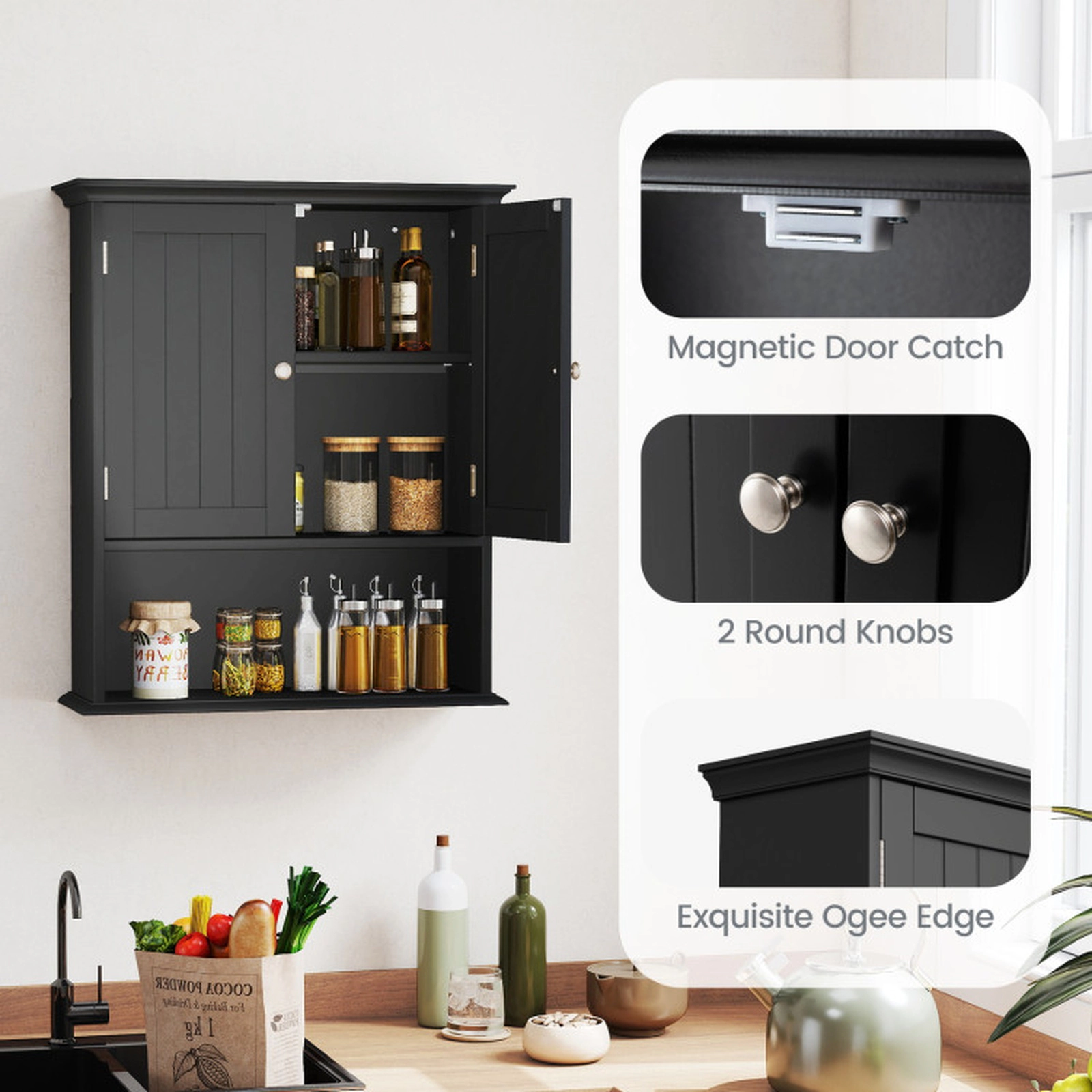 SUGIFT Wall Mount 2-Door Open Compartment Bathroom Storage Cabinet 23.5-in x 7.5-in x 28-in 11-lb per Shelf Black