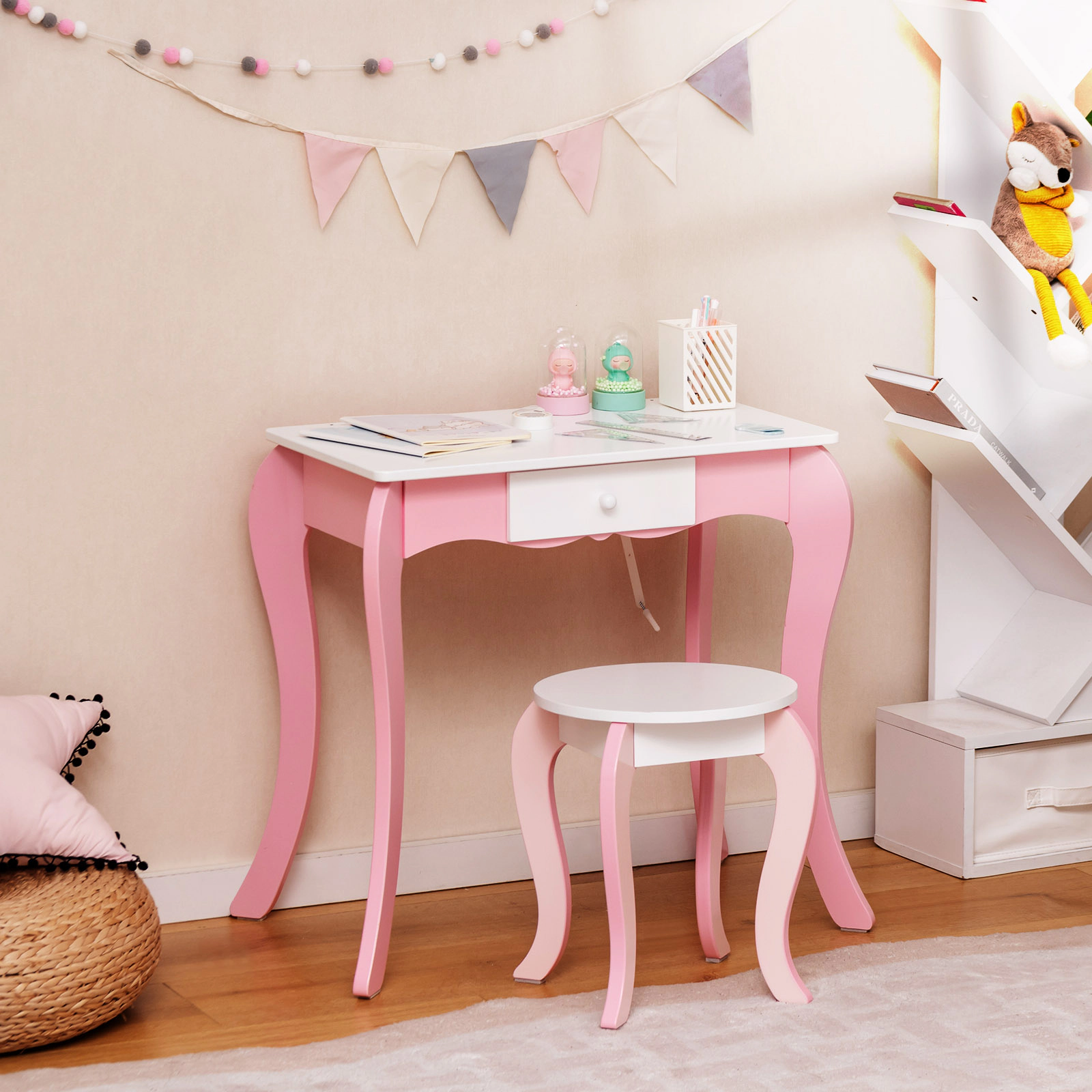 SUGIFT Kids 360-Degree Rotating Mirror Whiteboard Vanity Table and Stool Set 27-in x 16.5-in x 39.5-in 154-lb Pink