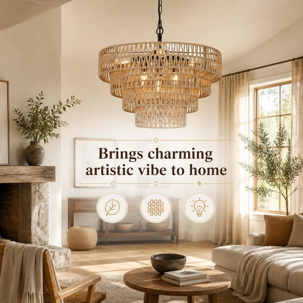 ELEMENT ACE Woven Rattan Metal Flush Mount Ceiling Light