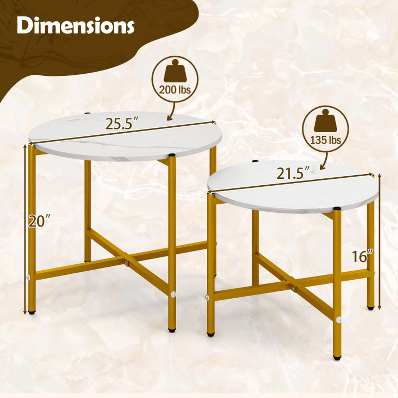 SUGIFT 2-Piece Round Nesting Coffee Table Set, White, Industrial X-Shaped Metal Frames, 200 lb Capacity