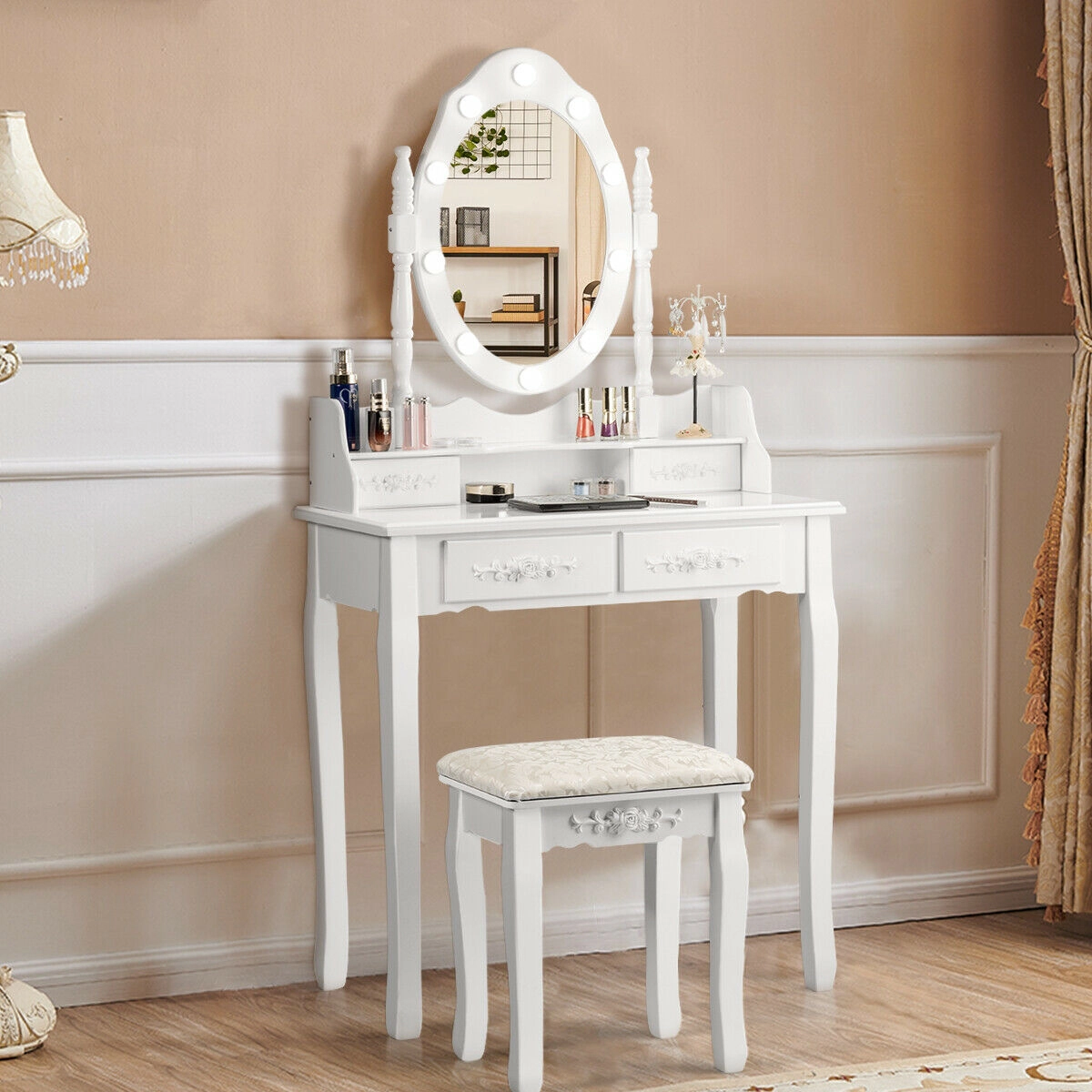SUGIFT White 10 Dimmable Bulbs 4 Drawers and Cushioned Stool Makeup Vanity Dressing Table Set