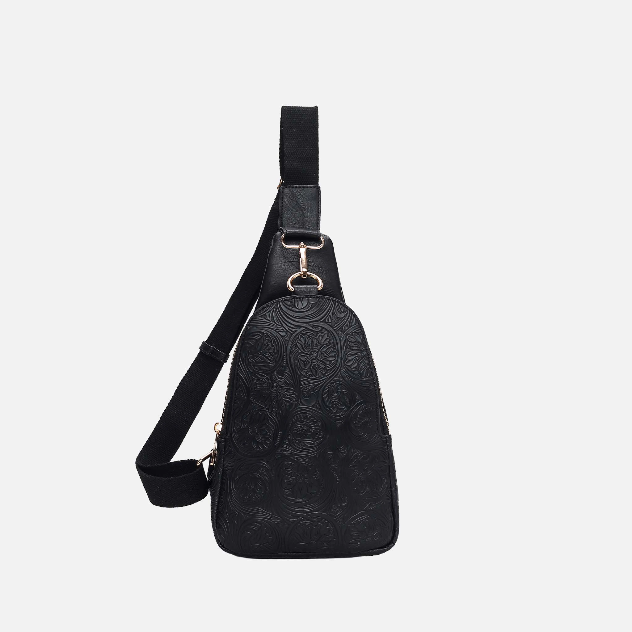 Mia K Collection Millie Floral Embossed Vegan Leather Sling Bag, Black