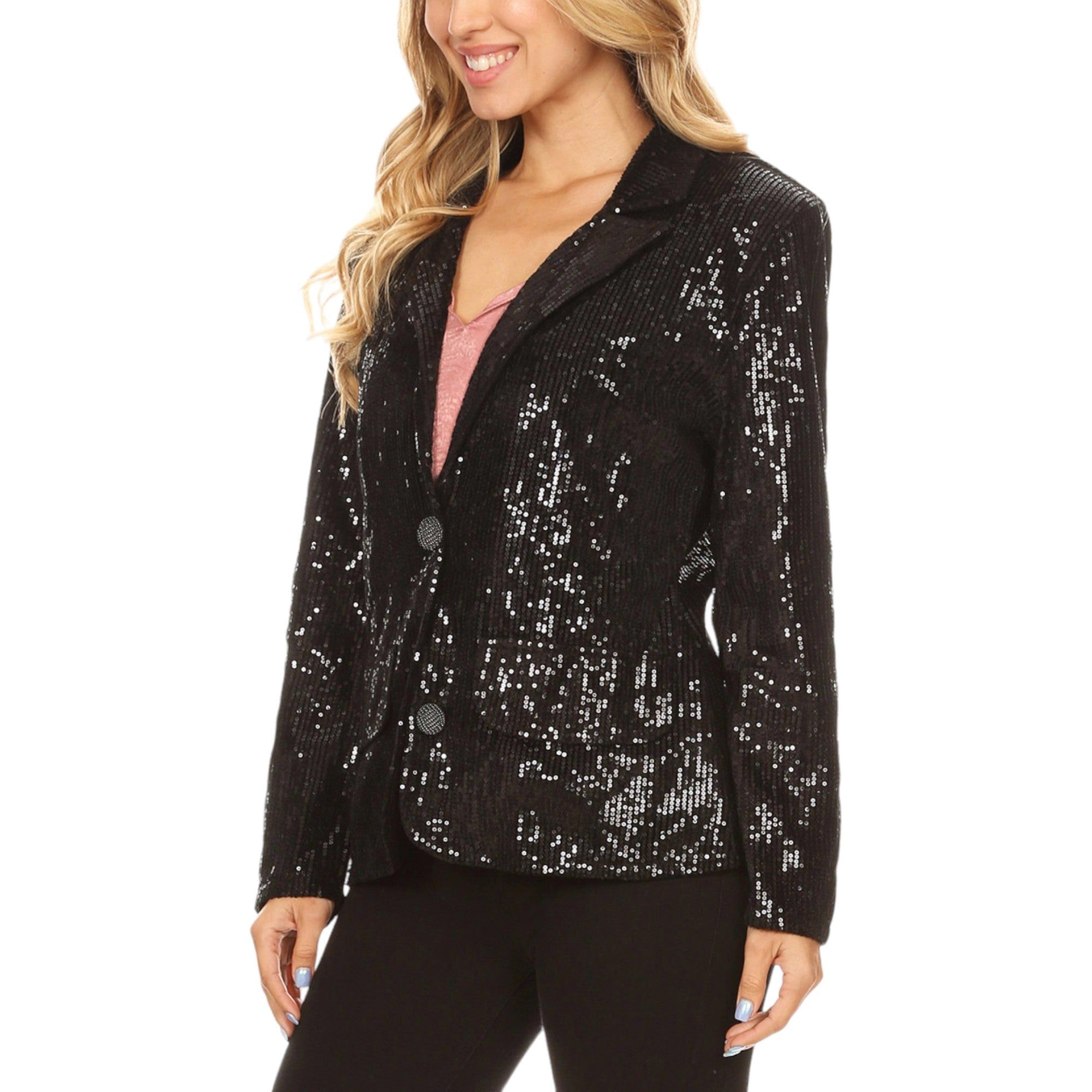 Anna-Kaci Women's Long Sleeve Sparkle Sequin Two Button Blazer Jacket