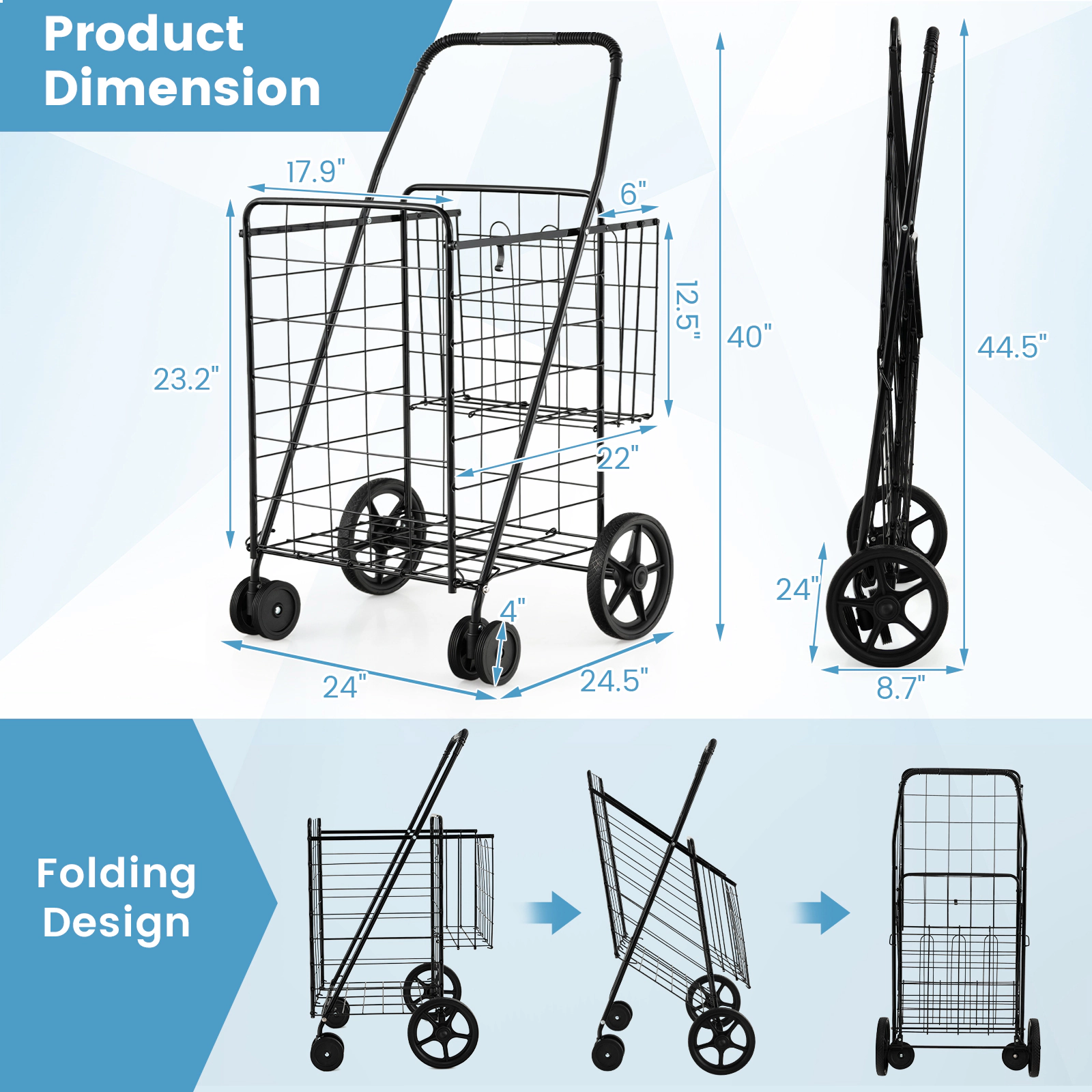 SUGIFT Folding Shopping Cart for Laundry & Groceries with Swiveling Wheels & Dual Storage Baskets 88-lb Capacity Black