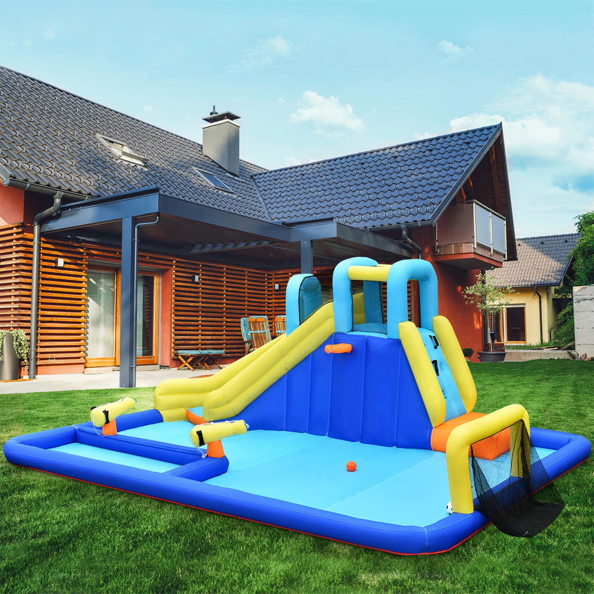 SUGIFT 6-in-1 Inflatable Water Slide Jumping House 265-lb Capacity Ages 3-12 Blue Yellow without Blower