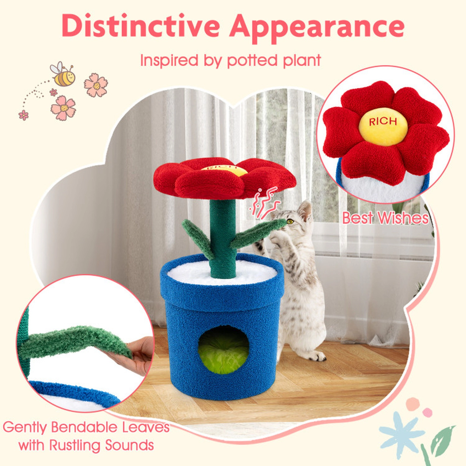 SUGIFT 28.5-in Flower-Shaped Compact Cat Tree Tower with Planter Condo Jute Posts and Leaf Toys