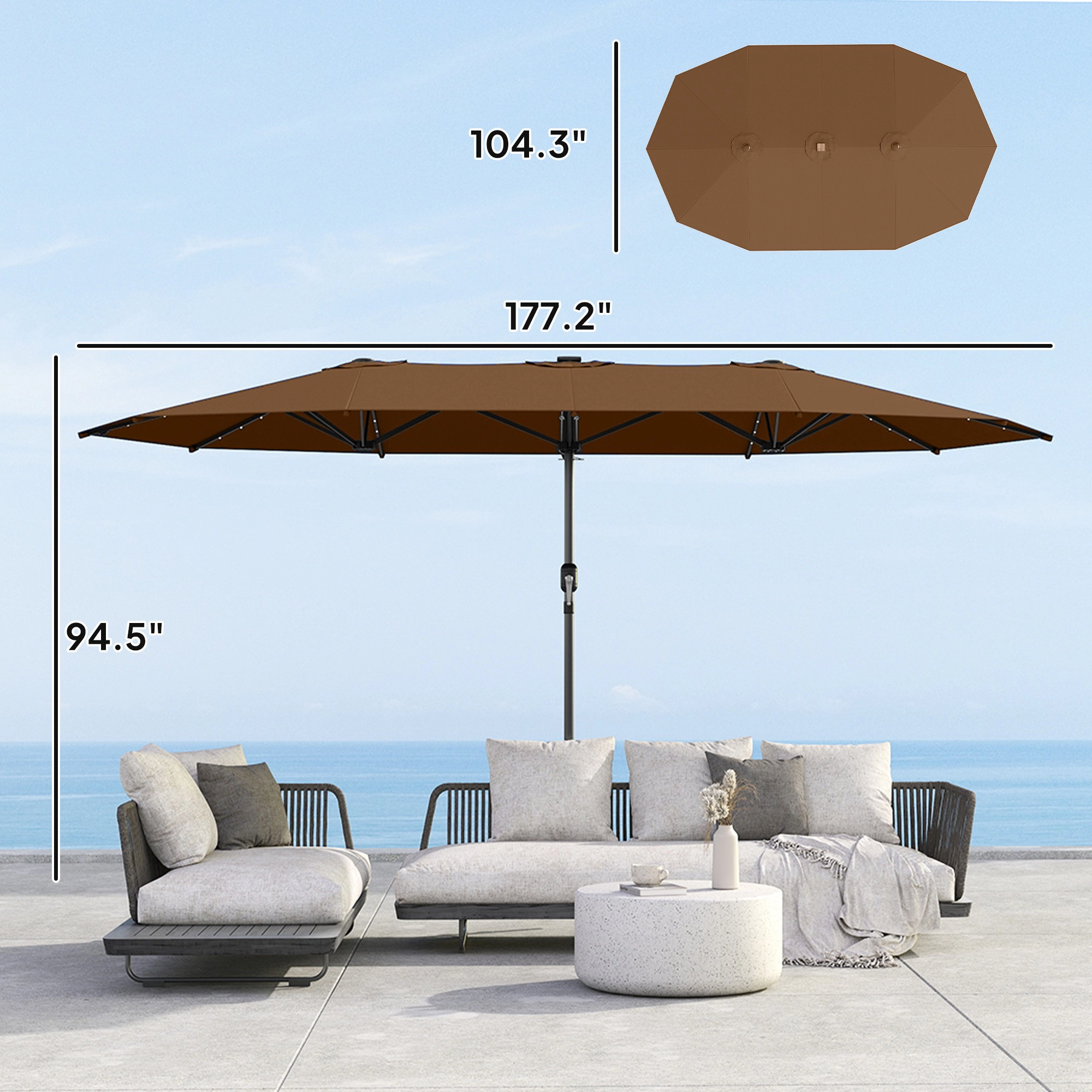 HONGGE Garden Parasol, Double-Sided Sun Umbrella with LED Solar Lights, Patio Parasol for Outdoor
