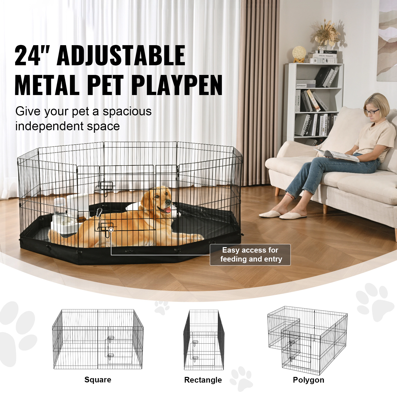 HONGGE 8-Panel Foldable Metal Dog Playpen, 24 in Tall Exercise Pen with Ground Stakes for Small to Medium Pets