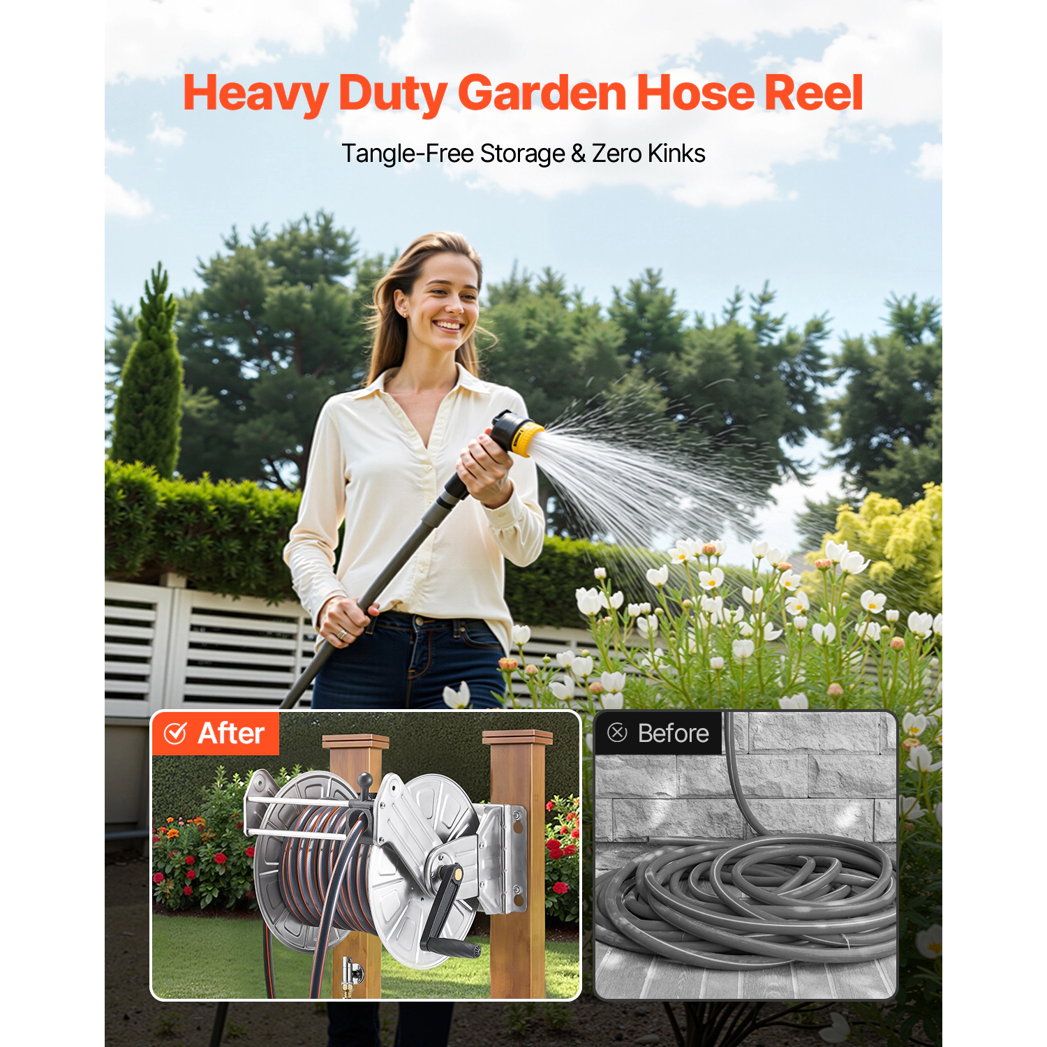 HONGGE Heavy-Duty Wall Mounted Garden Hose Reel Holds 5/8-inch Hose Outdoor Winder