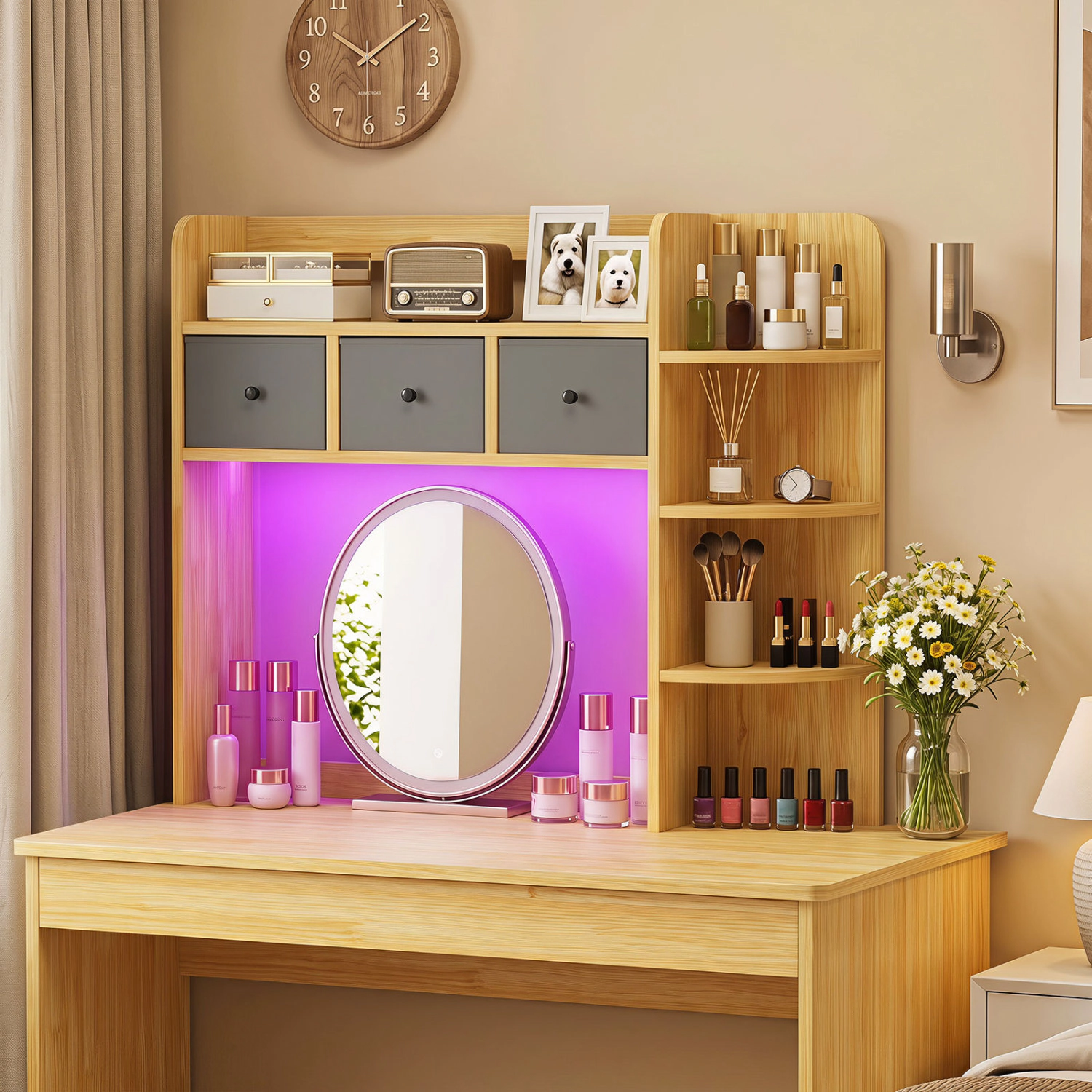 LJG Desktop Bookshelf with LED Lights 5-Tier Shelves and 3 Drawers for Home Officce