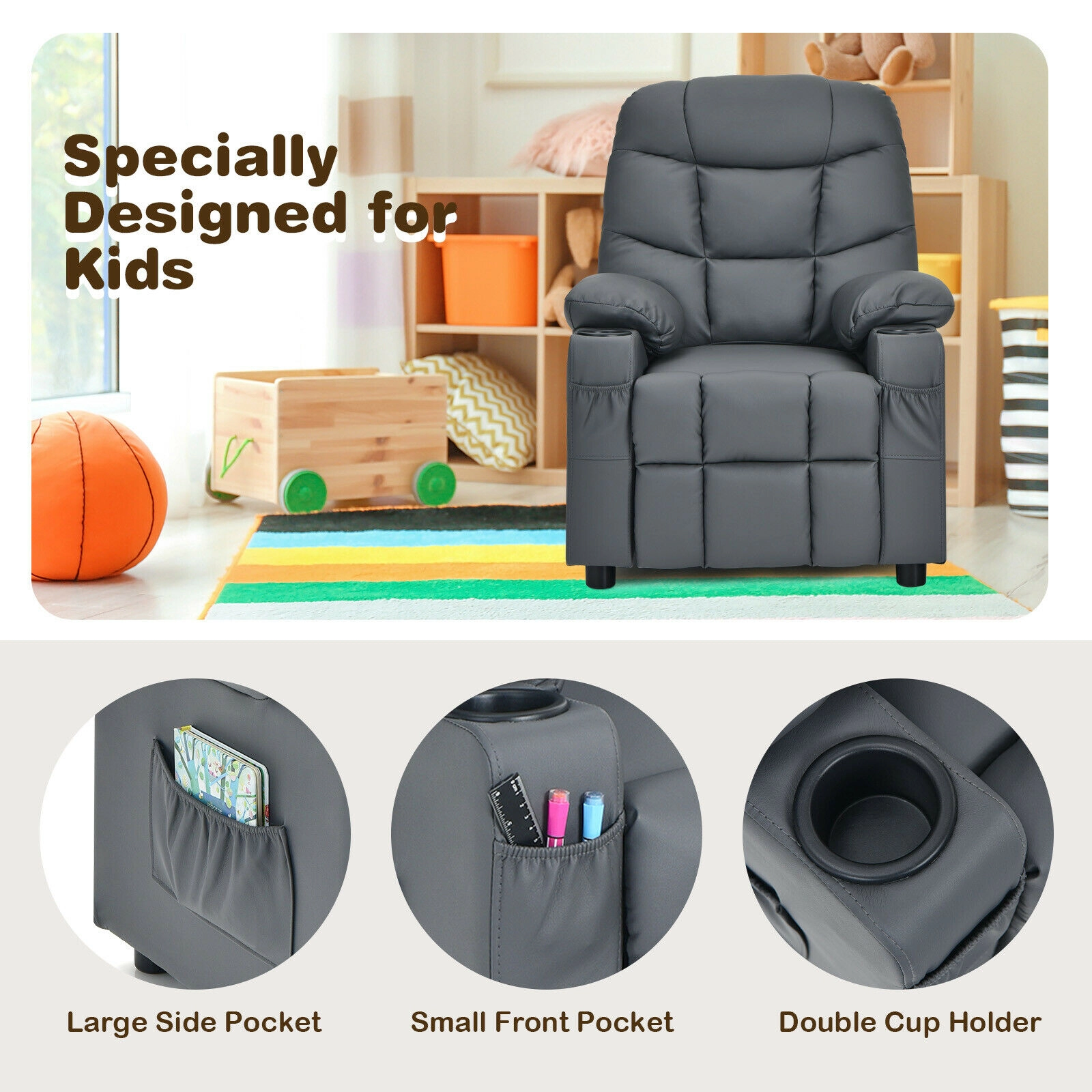 SUGIFT Kids PU Leather Cup Holders Side Pockets Push Back Recliner 26-in x 28-in x 34-in 120-lb Capacity Ages 3+ Gray