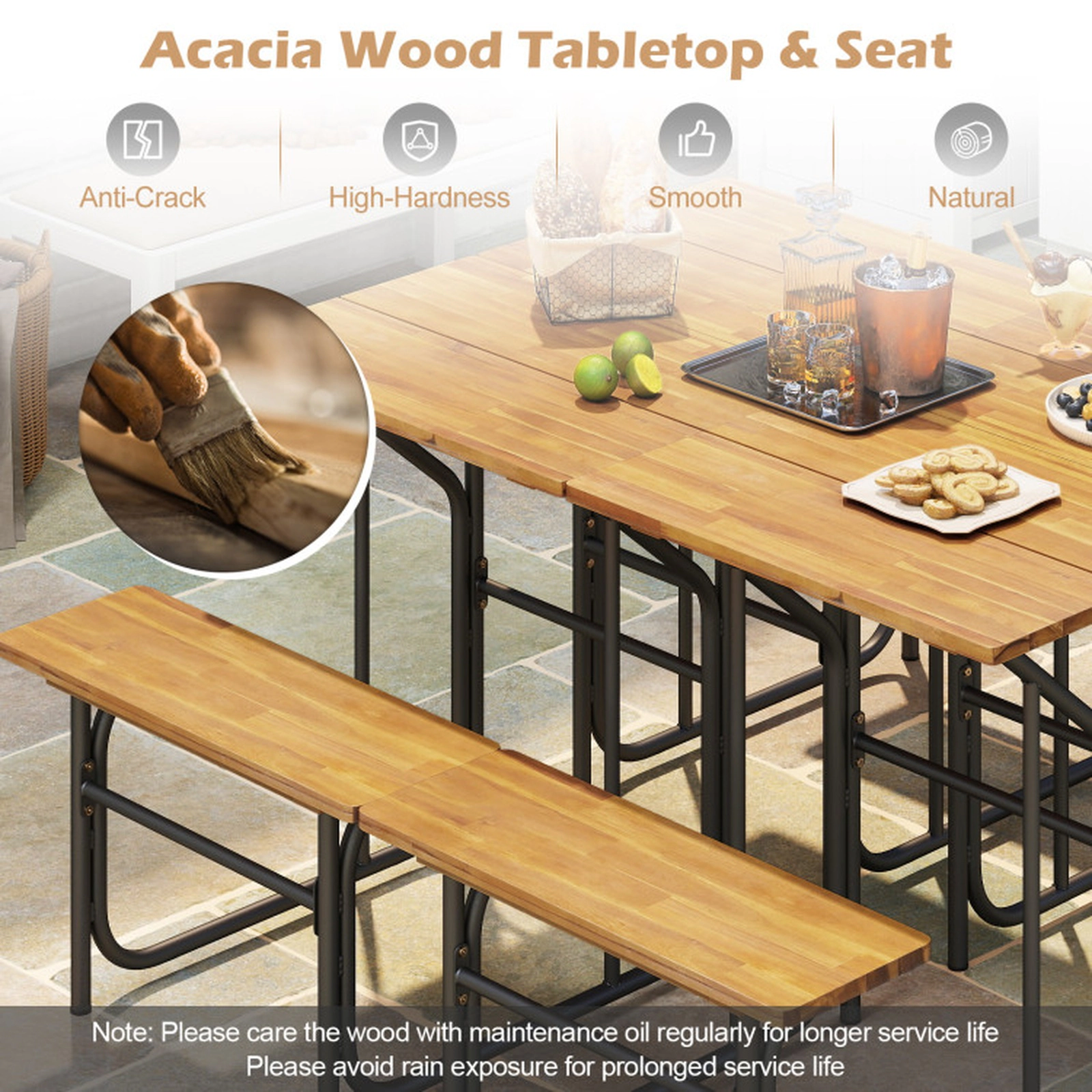 SUGIFT Single-Side Acacia Wood Patio Table and Bench Set 180-lb Tabletop 400-lb Bench Black + Natural