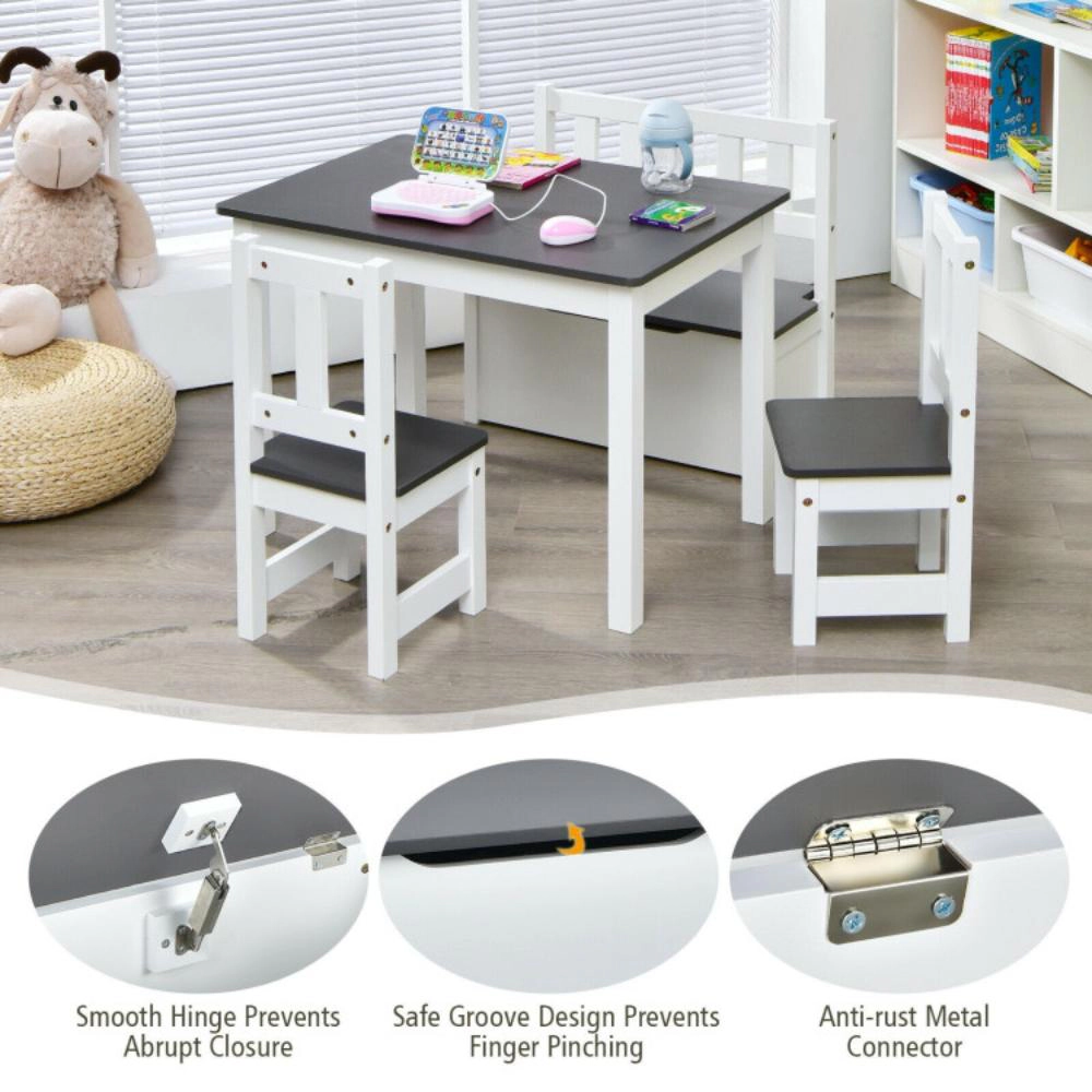 Hivvago 4 Pieces Kids Wooden Activity Table And Chairs Set With Storage Bench Study Desk