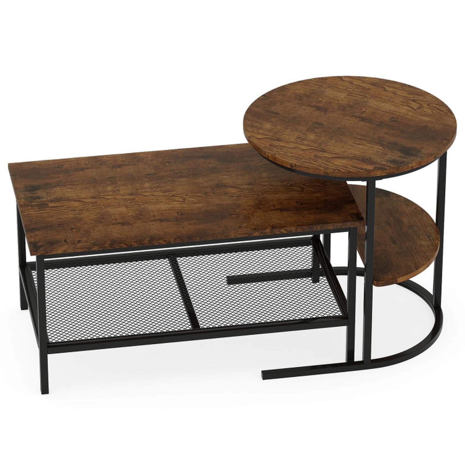 SUGIFT Set of 2 100-lb Capacity 2-Tier Rectangle Coffee Table and Round Side End Table with Mesh Shelf