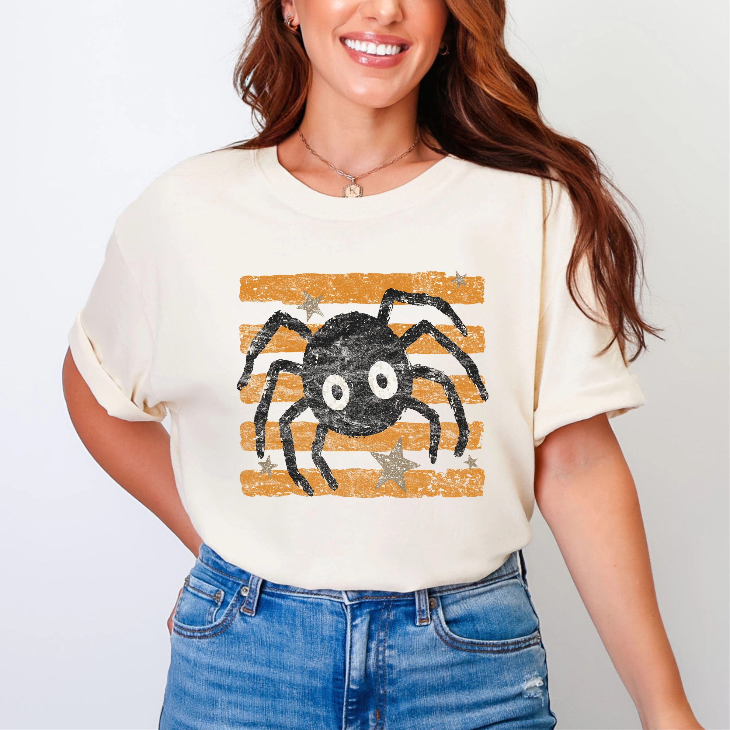 Simply Sage Market - Women's Garment Dyed Graphic T-Shirt Spider Orange Stripes