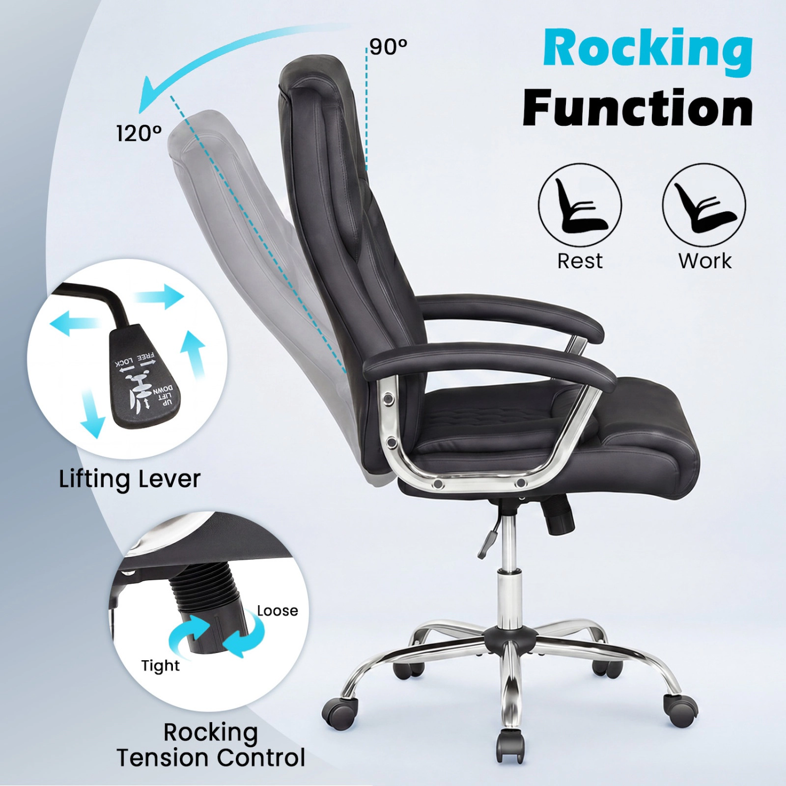 SUGIFT Big and Tall Black Faux Leather Office Chair with Lockable Rocking Backrest