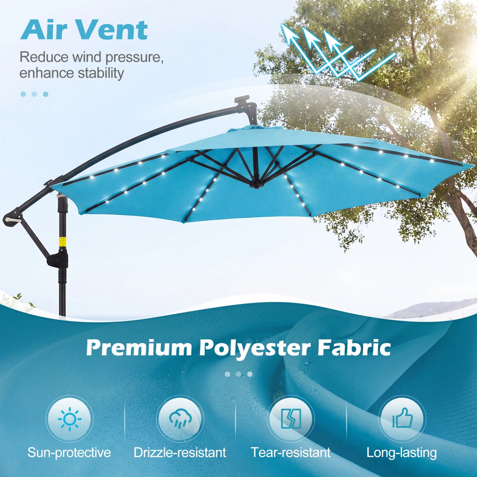 SUGIFT 10-ft Gray Solar LED Offset Cantilever Patio Umbrella with Weighted Cross Base 6.2-ft Rim Height