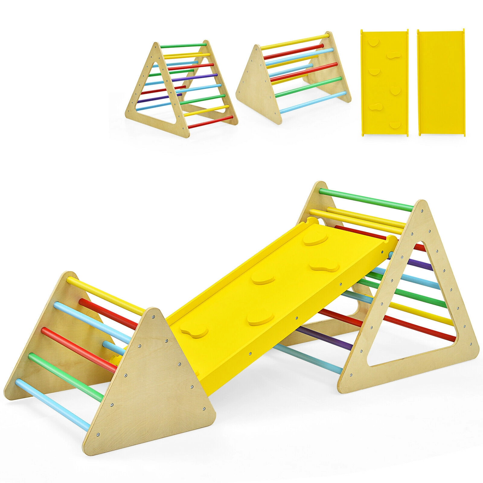 LJG Kids 3 in 1 Wooden Set of 2 Triangle Climber with Ramp for Slid