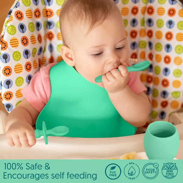 Sperric Baby Silicone Feeding Set 8-Piece - Led Weaning Utensils, Bibs, Infant Cups Toddlers