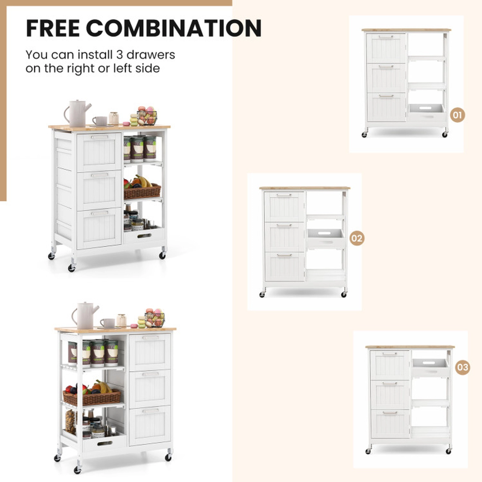 SUGIFT Rolling Kitchen Island Utility Cart White with 3 Drawers and Rubber Wood Top