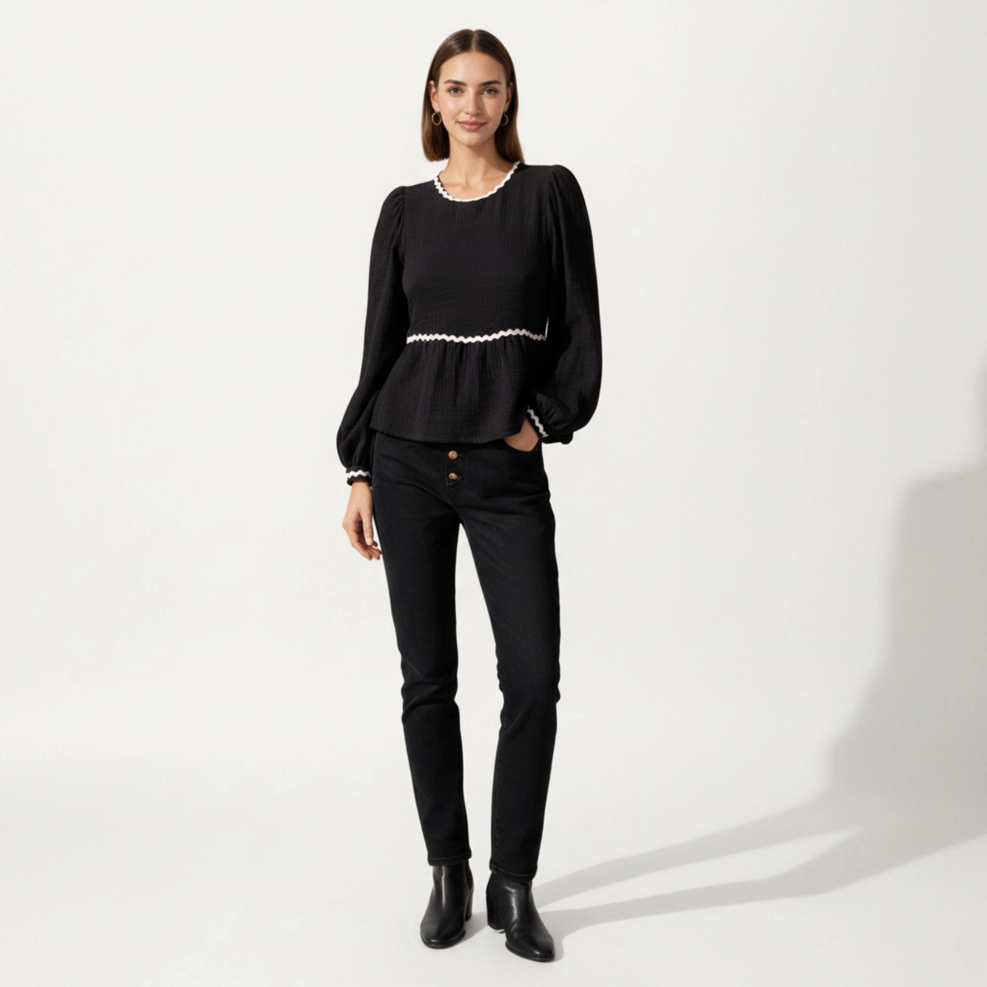 Anna-Kaci Women's Long Sleeve Textured Peplum Top with Contrast Trim Accents Statement Bow Detail