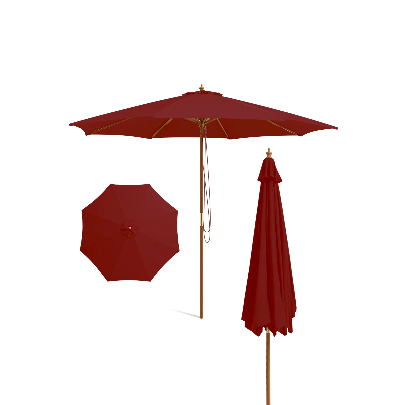 SUGIFT 10-ft Wine Patio Umbrella with Wooden Pole 8 Bamboo Ribs and 3 Adjustable Heights 8.6-ft H