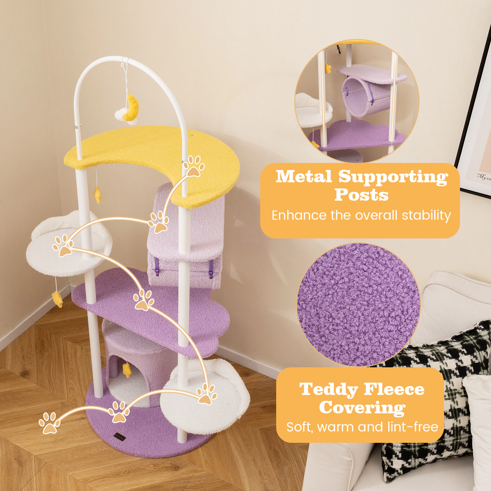 Glintex 62-Inch Starry Sky Cat Tower with Moon Platform Tunnel and Metal Posts, Purple