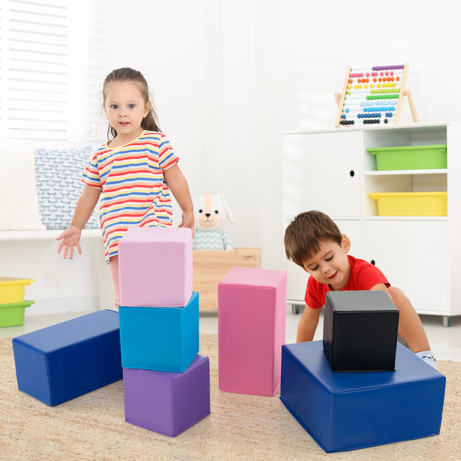 7-Piece Large Foam Building Blocks for Toddlers Soft Stacking Set 8-in Cubes Tear-Resistant Stitching EPE Core