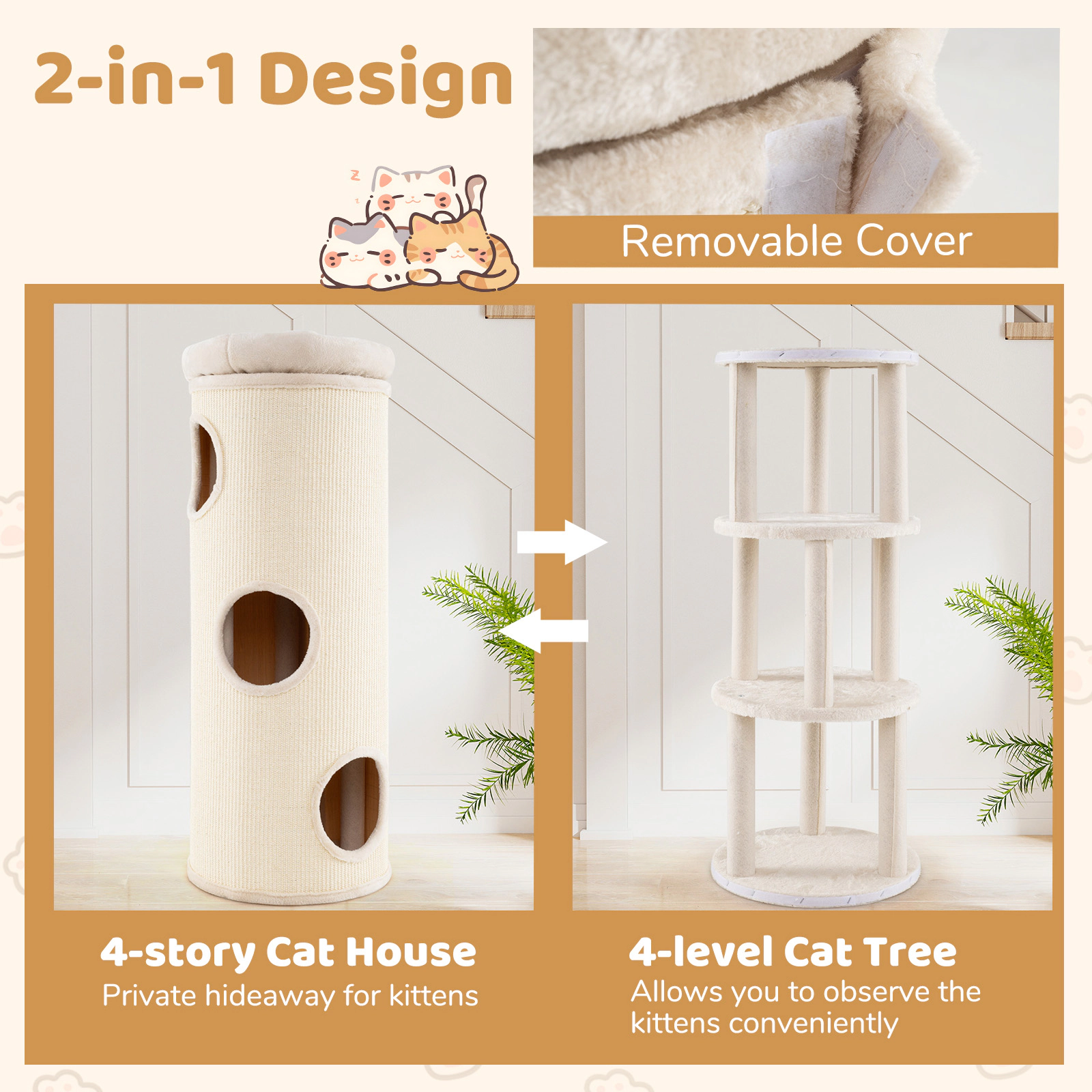 Glintex 49-Inch 4-Story Elevated Cat House with Bamboo Mat and Sisal Board, Beige