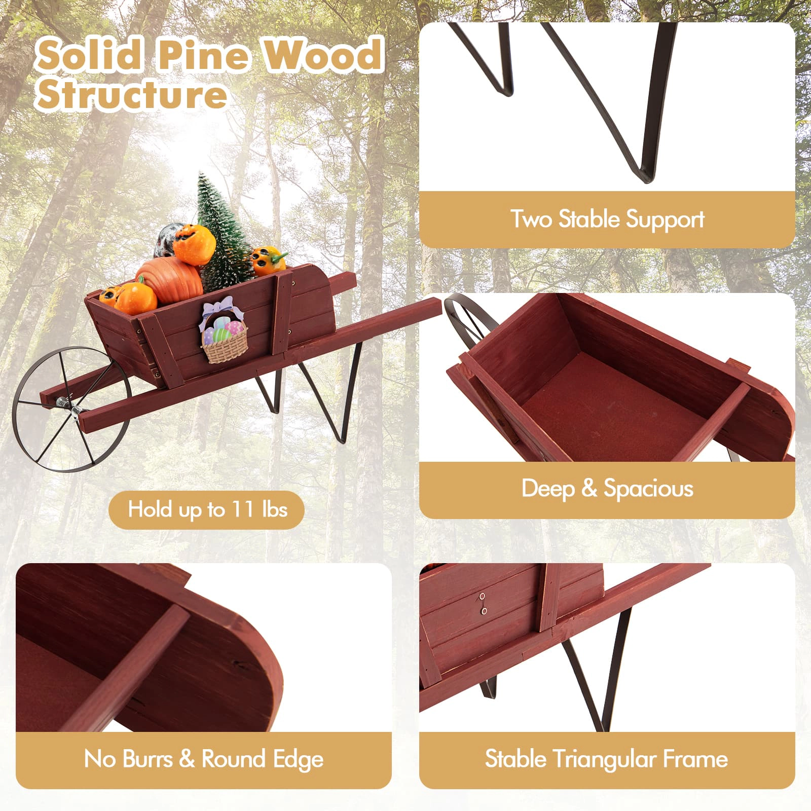 SUGIFT Wooden Wagon Planter Red with 9 Magnetic Accessories and 7.5 in Wheels