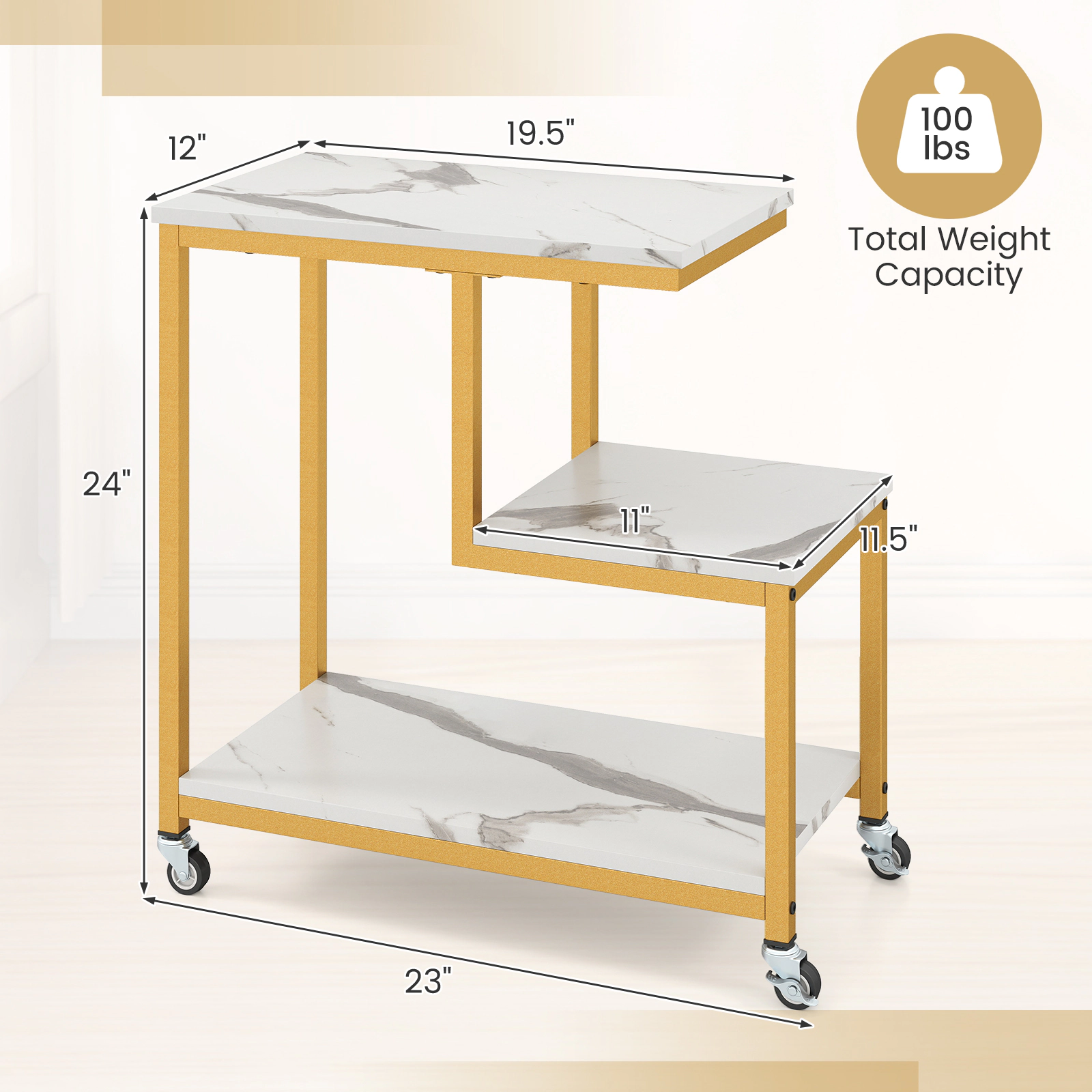 SUGIFT Gold 24-in 3-Tier Rolling Plant Stand and Side Table with Locking Wheels