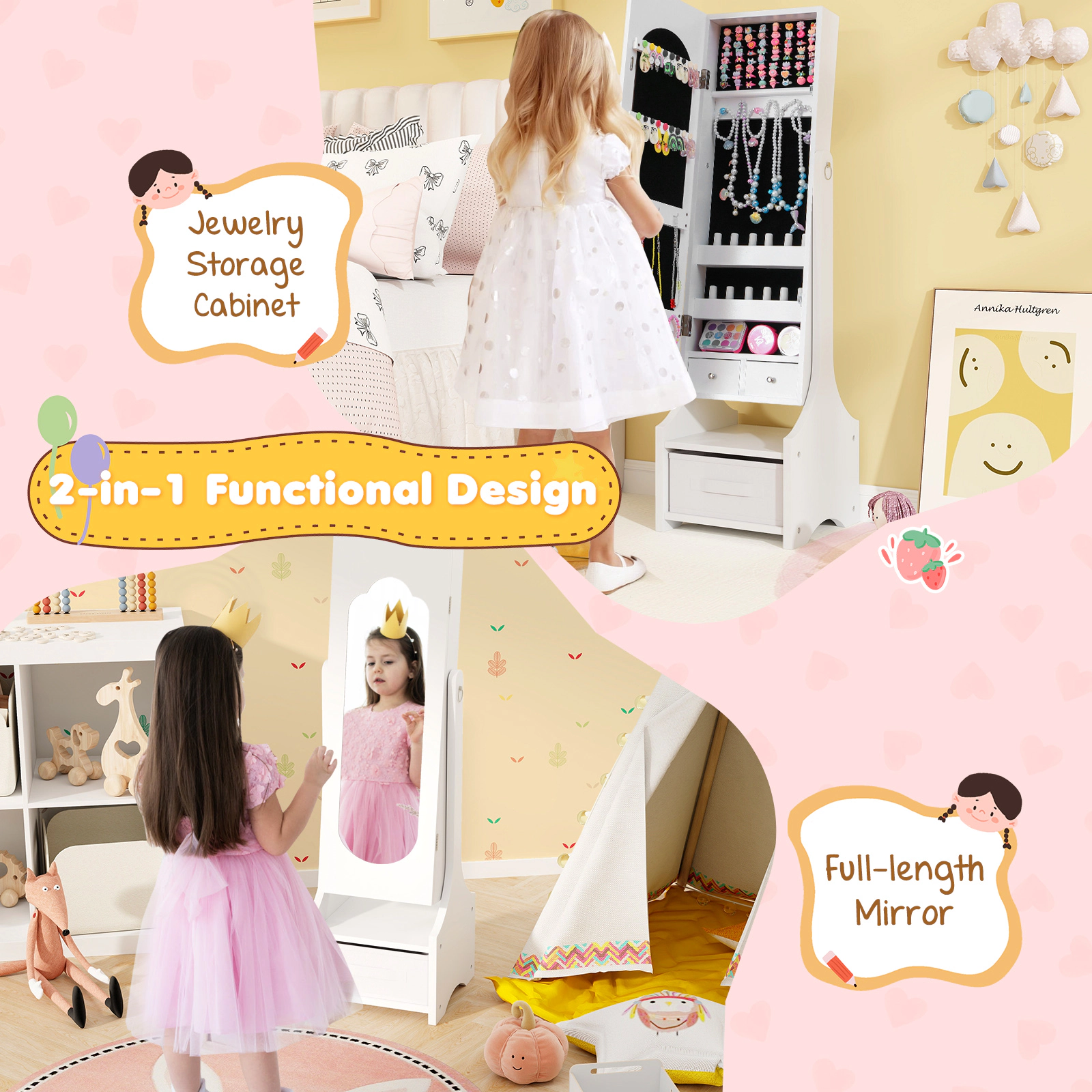 SUGIFT Kids Jewelry Armoire White Freestanding Cabinet with 2 Tilt Angles and Fabric Drawer