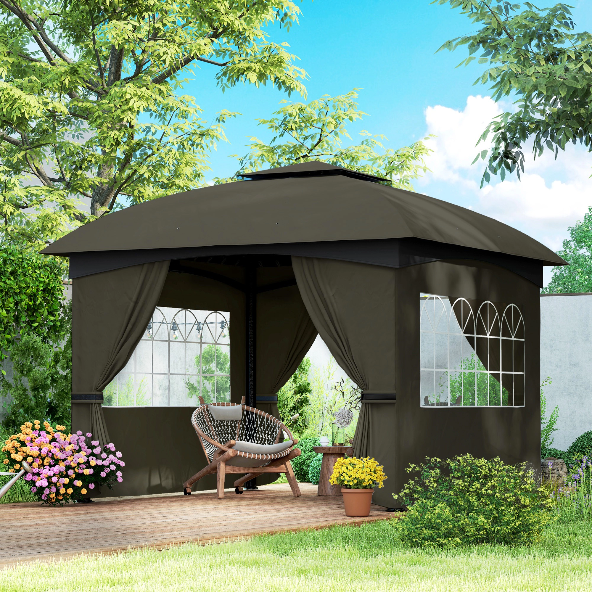 HONGGE 11' Outdoor Gazebo Double Roof Patio with Curtains Church Windows Galvanized Steel Frame Gray