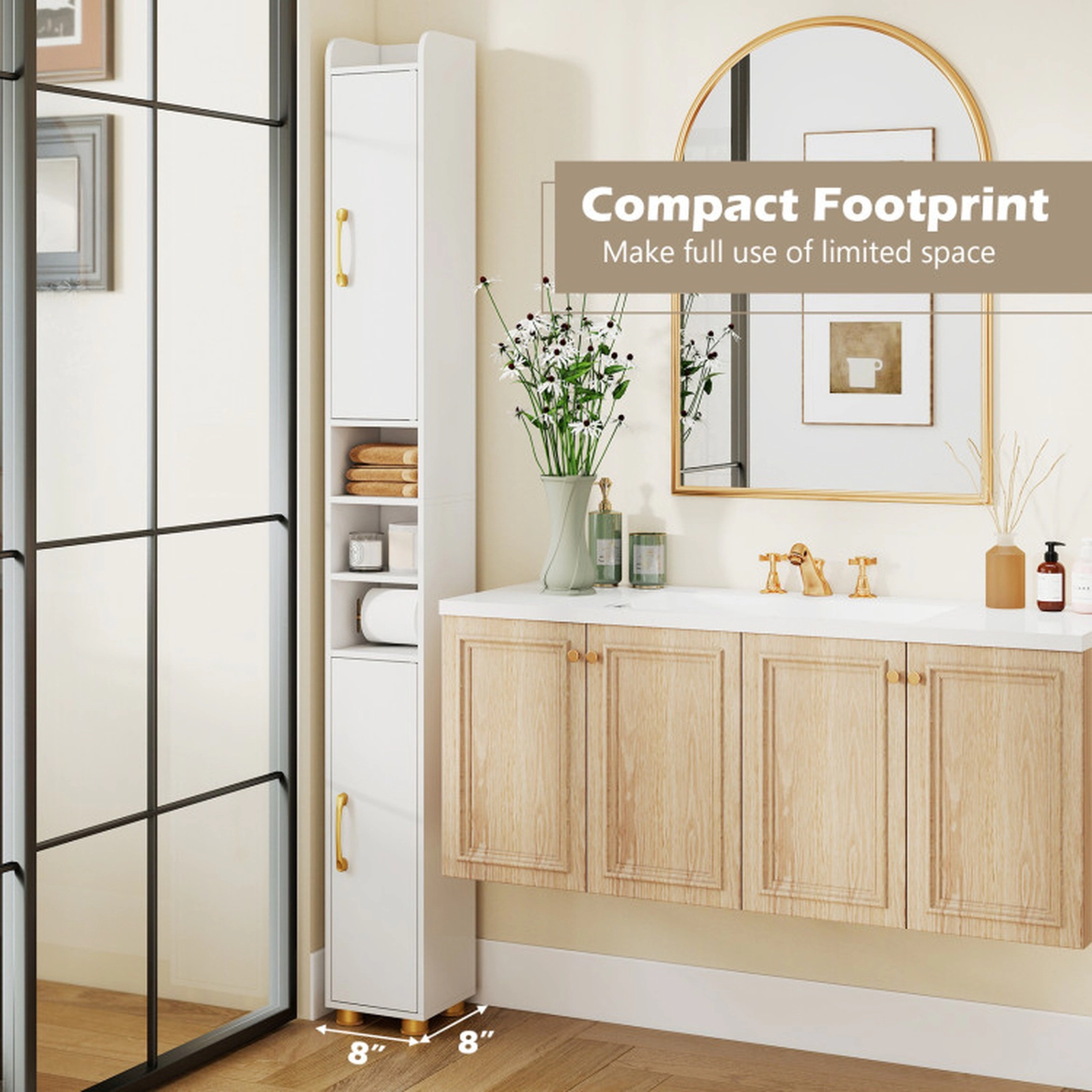 SUGIFT Narrow Toilet Paper Holder 2 Open Shelves Bathroom Storage Cabinet 8-in x 8-in x 69.5-in 11-lb per Shelf White