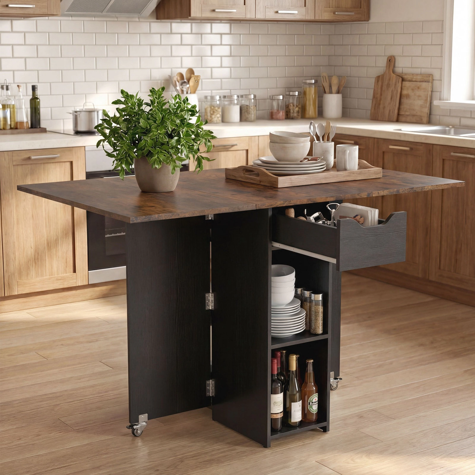SUGIFT 47.5-Inch Rustic Brown Extendable Dining Table and Rolling Console with Drawer