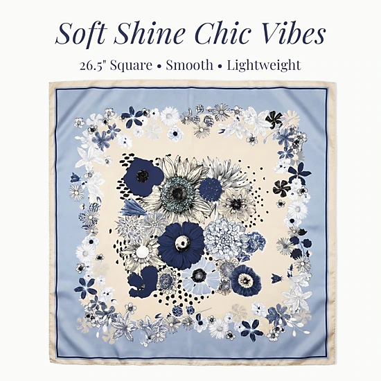 Wrapables Women's Satin Square Scarf Neckerchief, 26.5 x 26.5 Inch, Blue Daisies