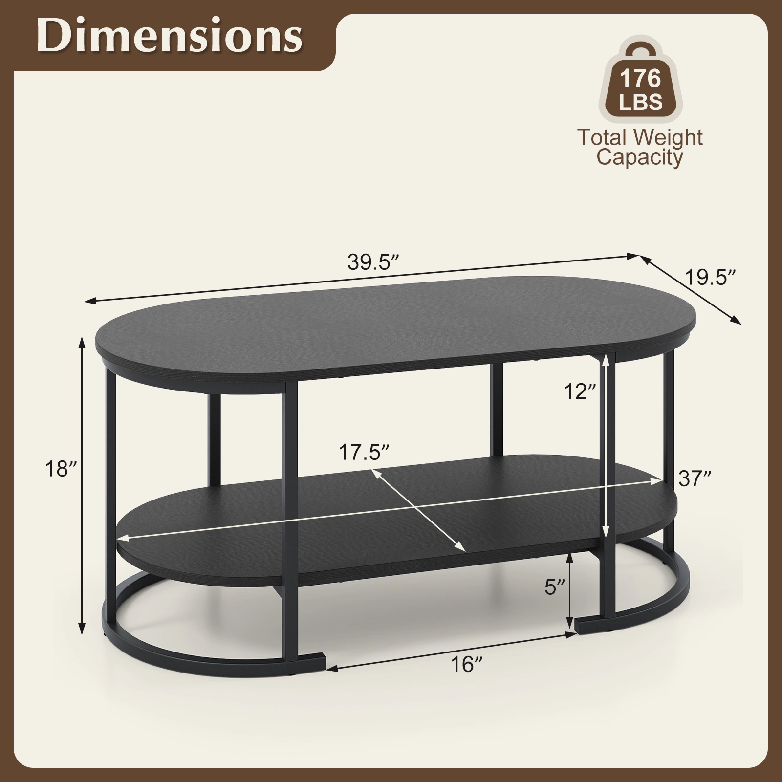 SUGIFT 2-Tier Oval Open Storage Curved Metal Frame Coffee Table 39.5-in x 19.5-in x 18-in 88-lb per Shelf Black