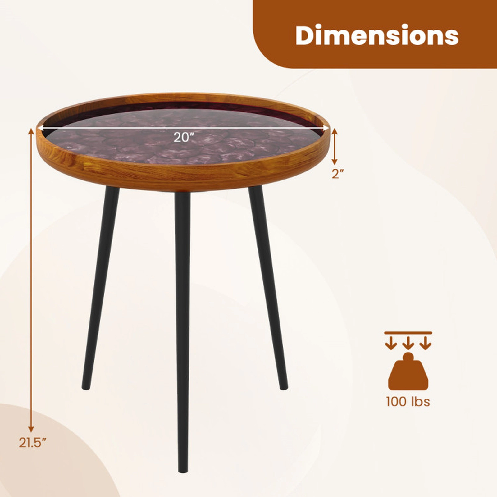 SUGIFT 20-in Round Handmade Sea Shell End Table with Epoxy Resin Tray Top and Mahogany Wood Legs