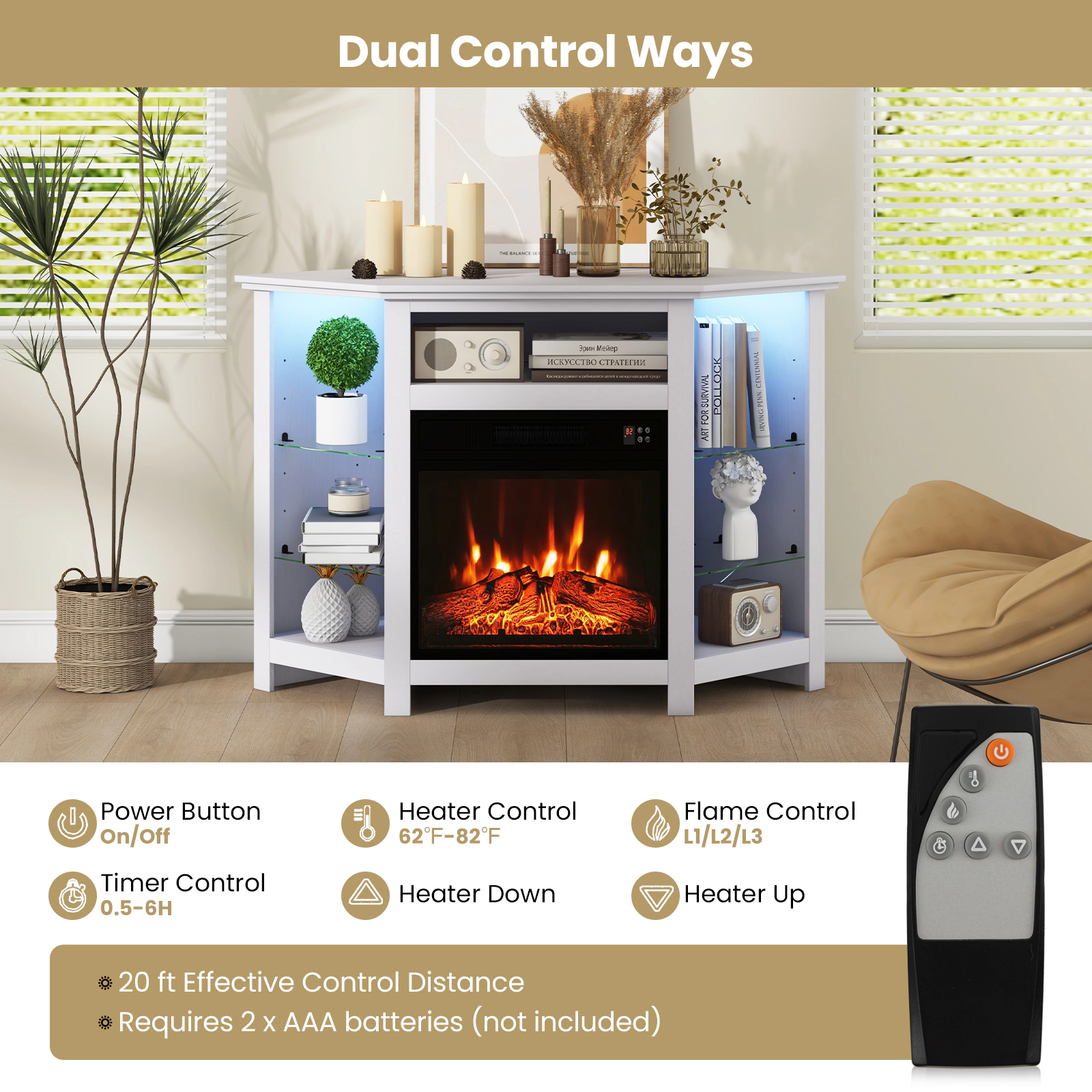 Hivvago Fireplace Corner TV Stand with LED Lights and Smart APP Control for 50 Inches TV